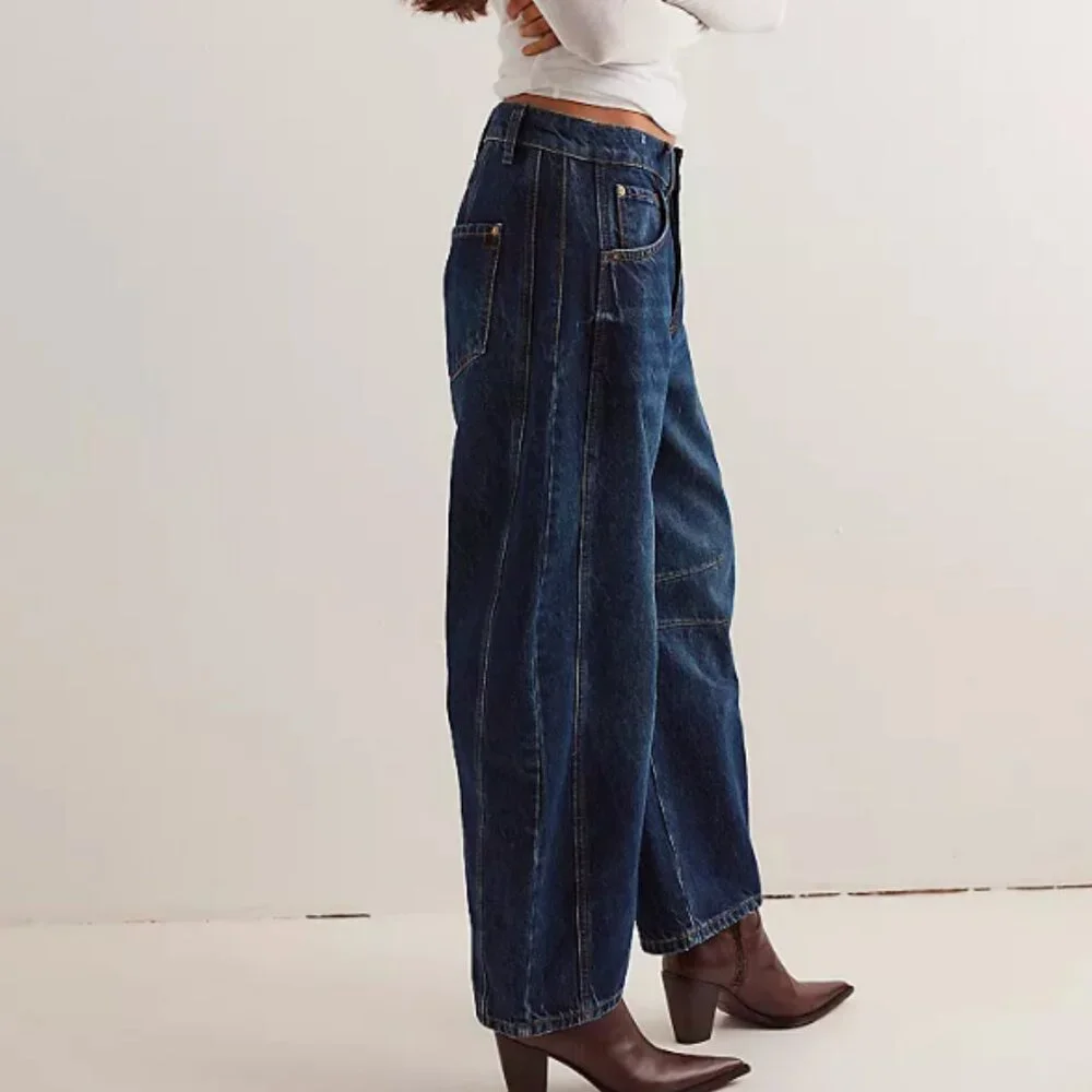 FREE PEOPLE We The Free Good Luck Mid Rise Barrel Leg Jeans in "Deep End" Sz 31 - Picture 4 of 13
